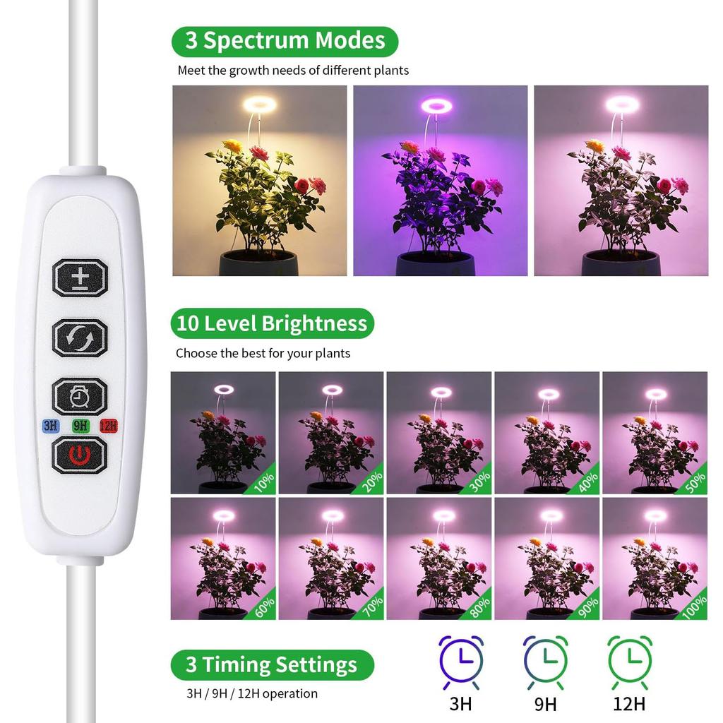 Светодиодные лампы полного спектра для выращивания комнатных растений, регулируемая по высоте лампа для выращивания с регулируемой яркостью, фитолампа для выращивания цветов Halo Ring