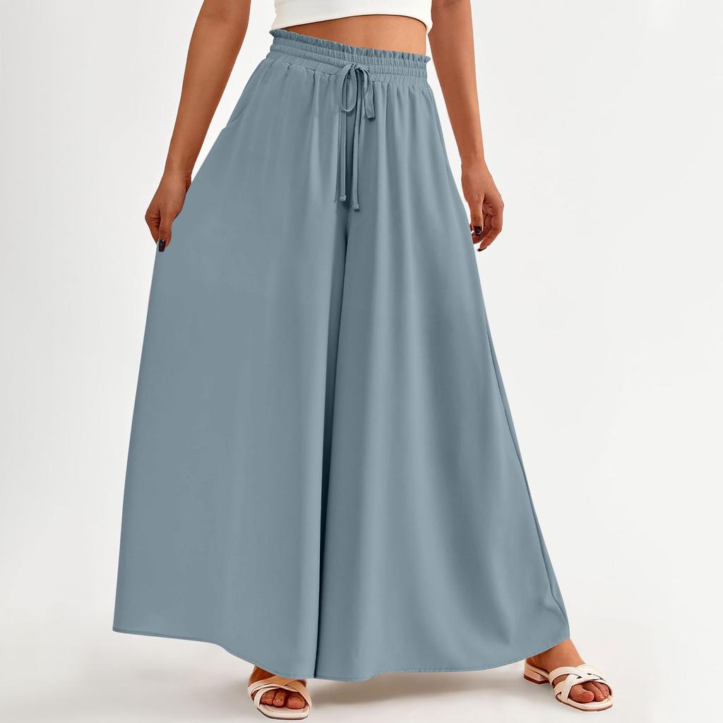 Женские широкие брюки с высокой талией, летние повседневные струящиеся брюки-палаццо, однотонные пляжные брюки с карманом