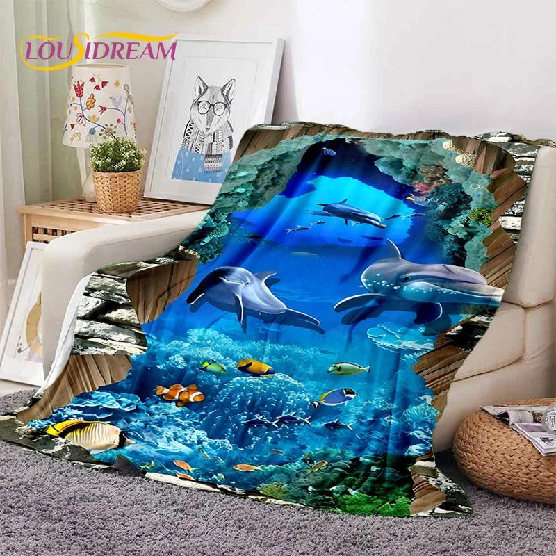 3D Illusion Underwater World Seabed Shark Dolphin Soft Flannel Blankets,Throw Blanket Comfortable Blanket for Beds Home Bedroom