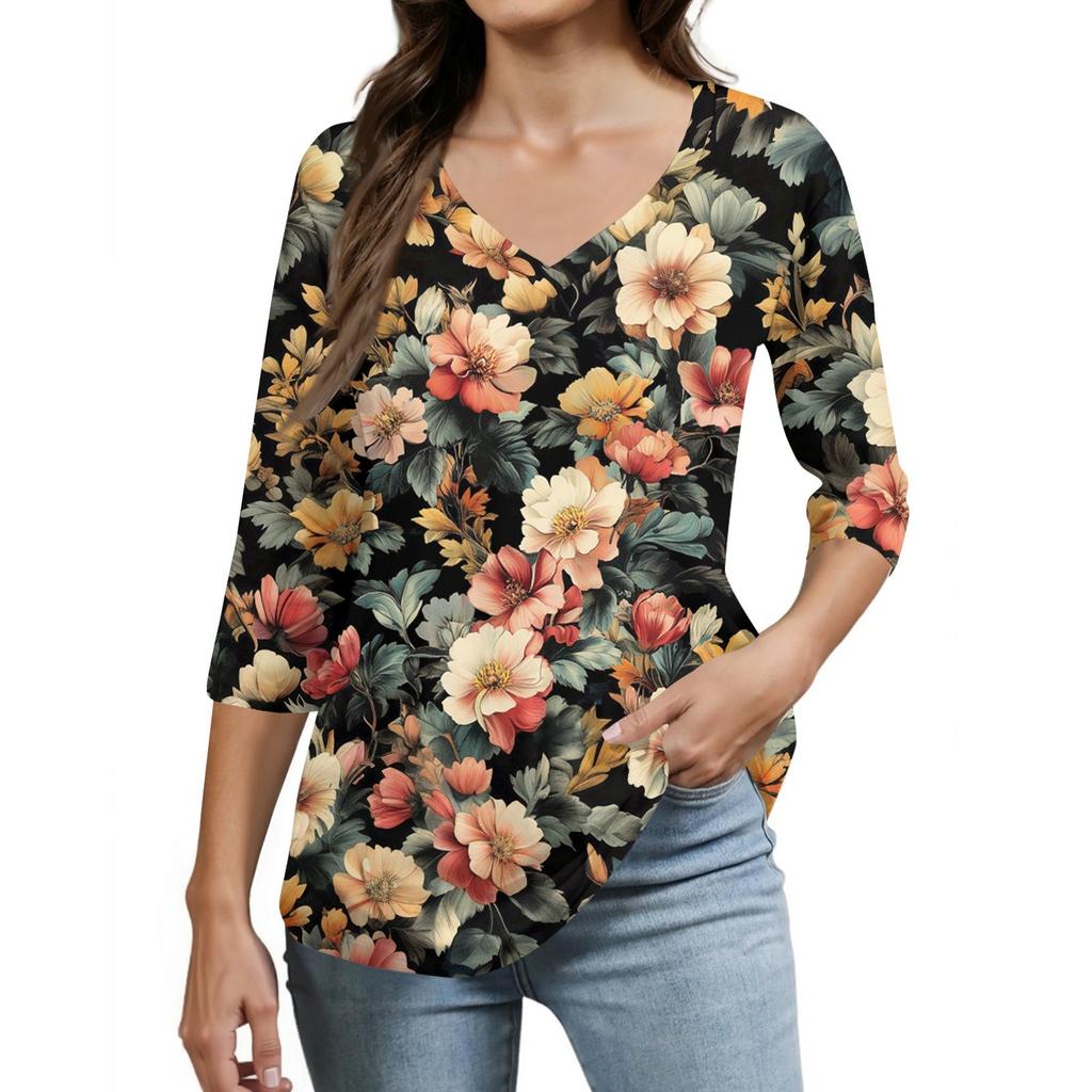 Women's Tops Three-quarter Sleeve Shirt V-neck Loose Casual Shirt Print T-shirt