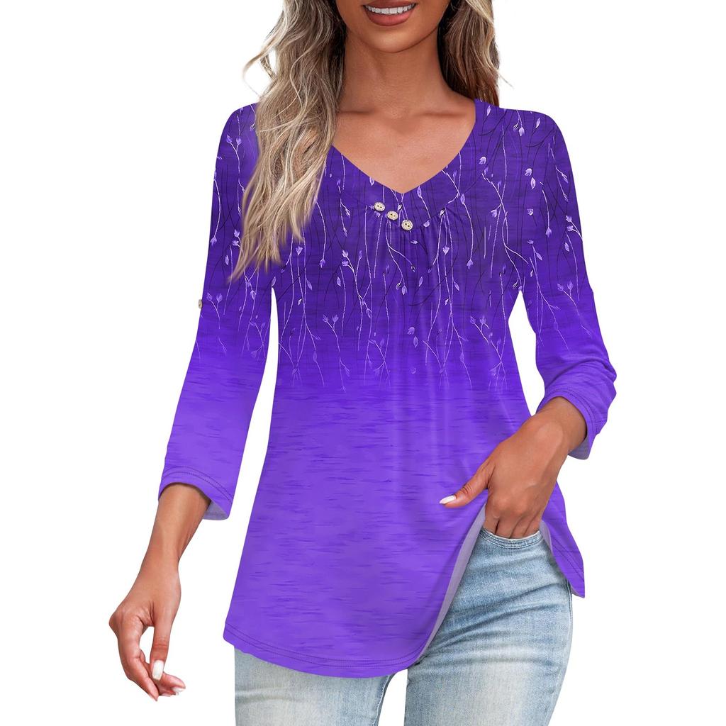 Рубашки для женщин, модные футболки на пуговицах с v-образным вырезом, повседневные летние футболки с принтом, футболка, блузка, топы с рукавами три четверти для женщин