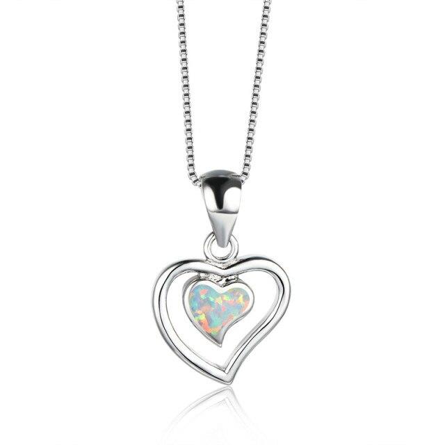 White Blue Fire Opal Cute Heart Pendant Necklaces For Women Romantic Jewelry Vintage Fashion 925 Silver Birthstone Necklace Gift