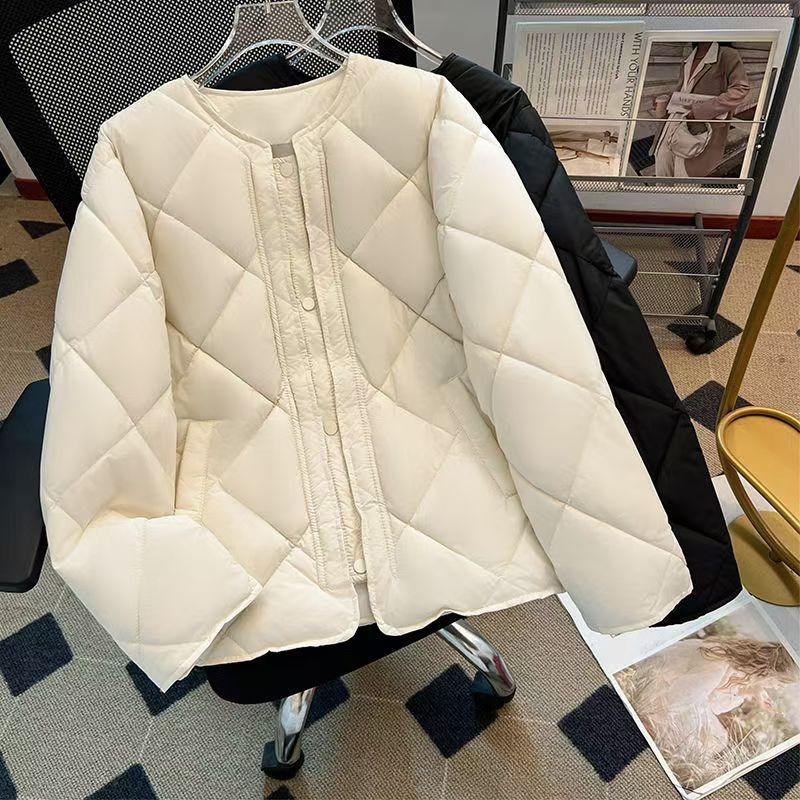 Autumn and Winter Thin Down Cotton Cotton Jacket Collarless Rhombus Grid Small Man Thin Women's Jacket