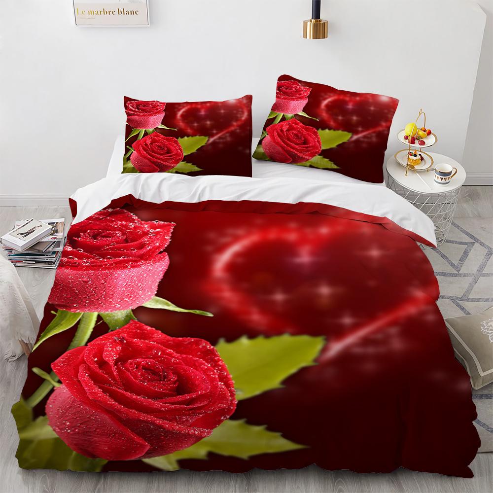 Rose Duvet Cover Set 3D Printed Romantic Theme Flower Bedding Set Valentine's Day Twin Polyester Comforter Cover With Pillowcase