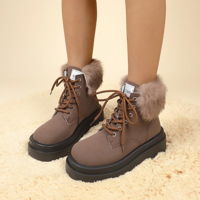 2024 Зимние Горячие Продажи Высокое Качество Женская Обувь Однотонная Круглый Носок Высокий Каблук Шнуровка Короткое Голенище Женские Модные Ботинки