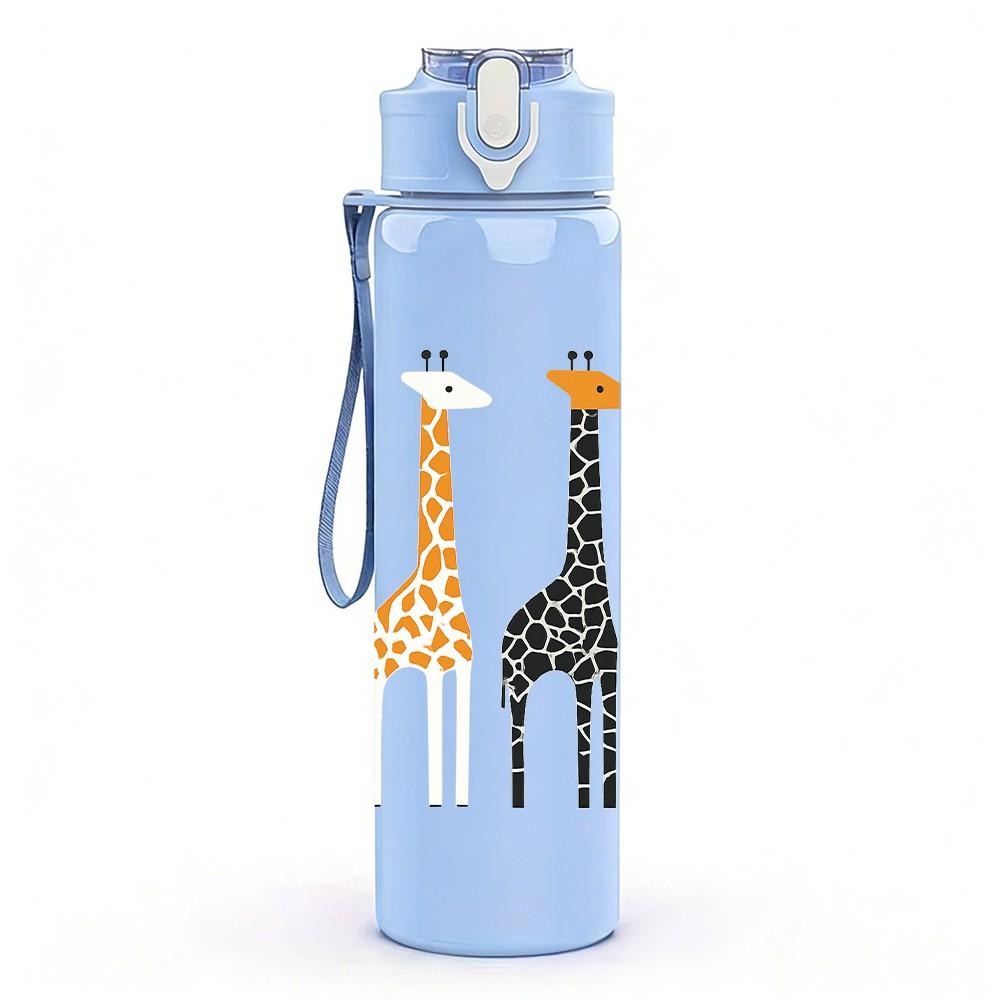 1PC Three Giraffes Cartoon 750ml Color Plastic Sports Water Bottle Leakproof Flip Straw Lid Suitable for Sports Office Home Use