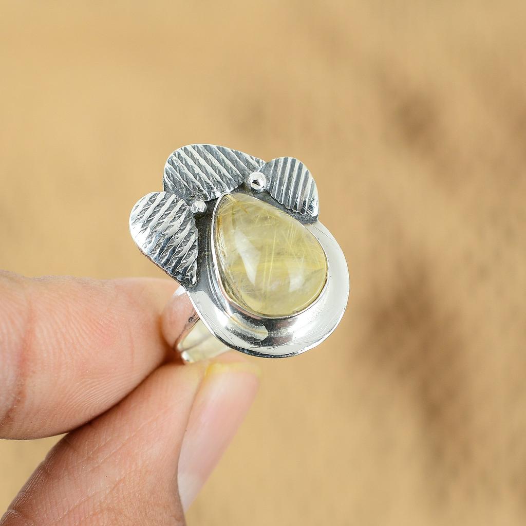 Mothers Day Sale Sterling Silver Golden Rutile Gemstone Statement Ring Jewelry