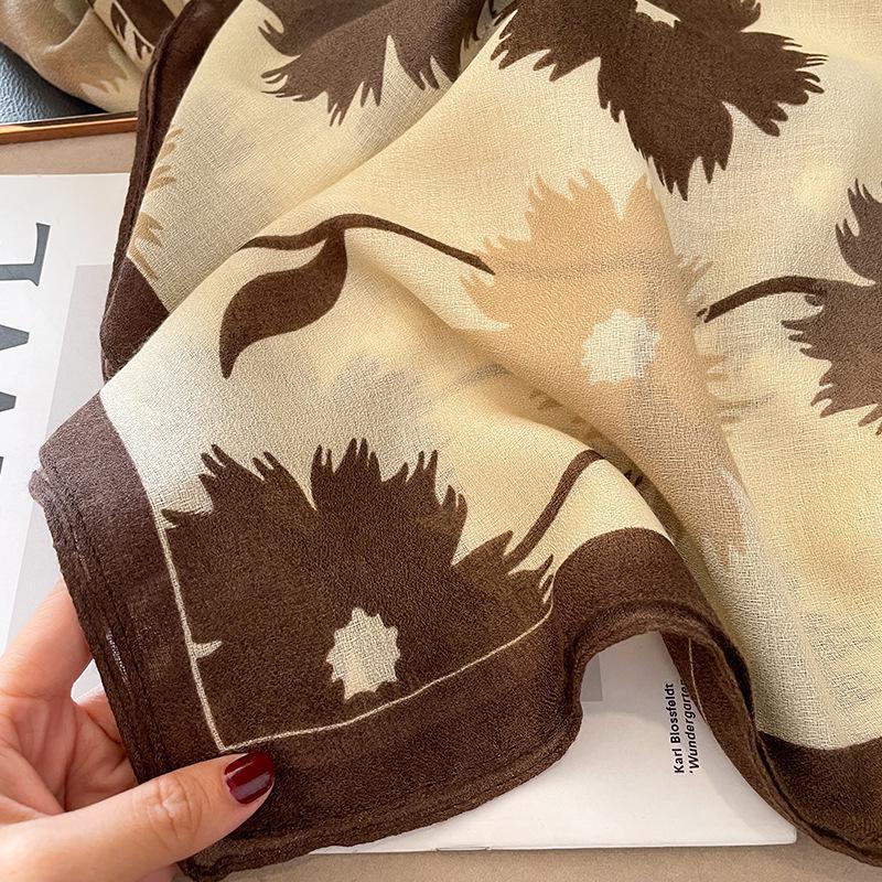 Korean Style Floral Cotton Linen Scarf, Versatile Long Thin Shawl for Women