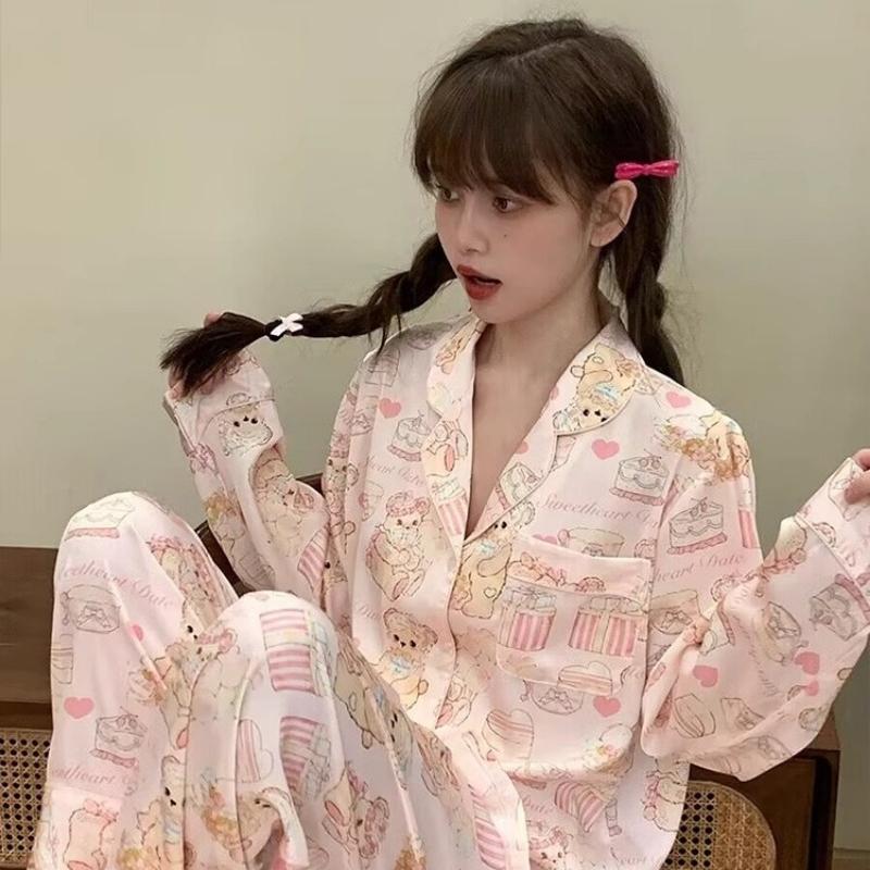 Ice Silk Pajamas Women's Spring and Autumn New Cute Bear Cake High-end Summer Home Clothes Long Sleeve Outwear
