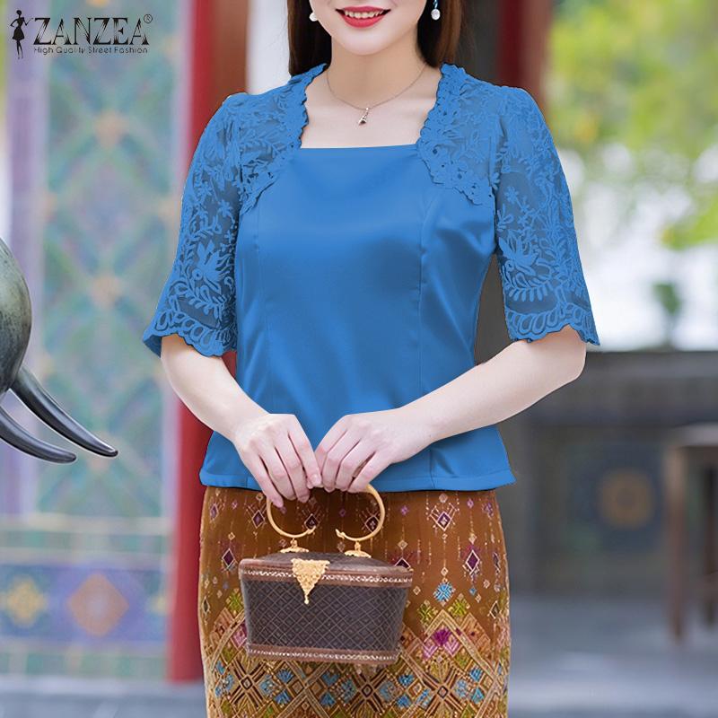 ZANZEA Женская повседневная атласная блузка с квадратным вырезом, кружевной вставкой и рукавами до локтя