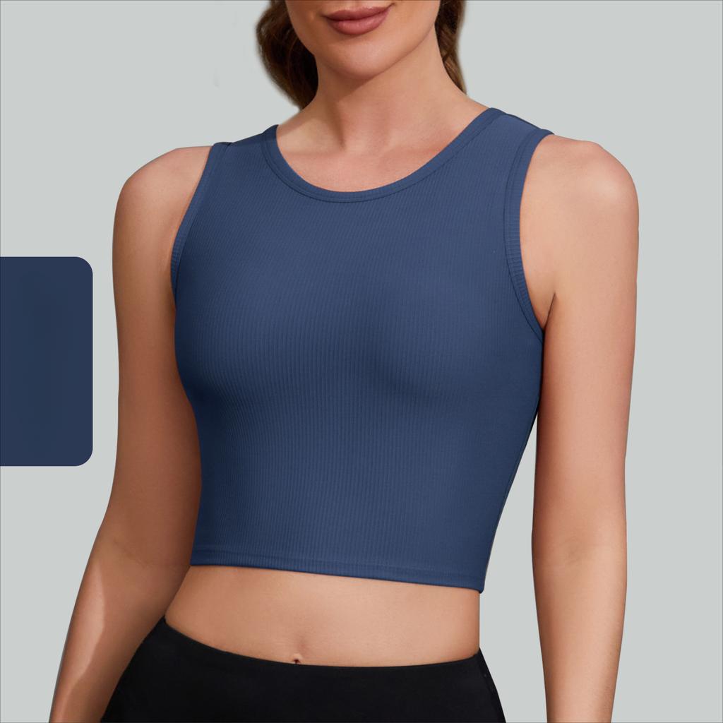 Women's Thin with Chest Pads Solid Colour Ribbed Shockproof Short Sports Fitness Yoga Tank Tops