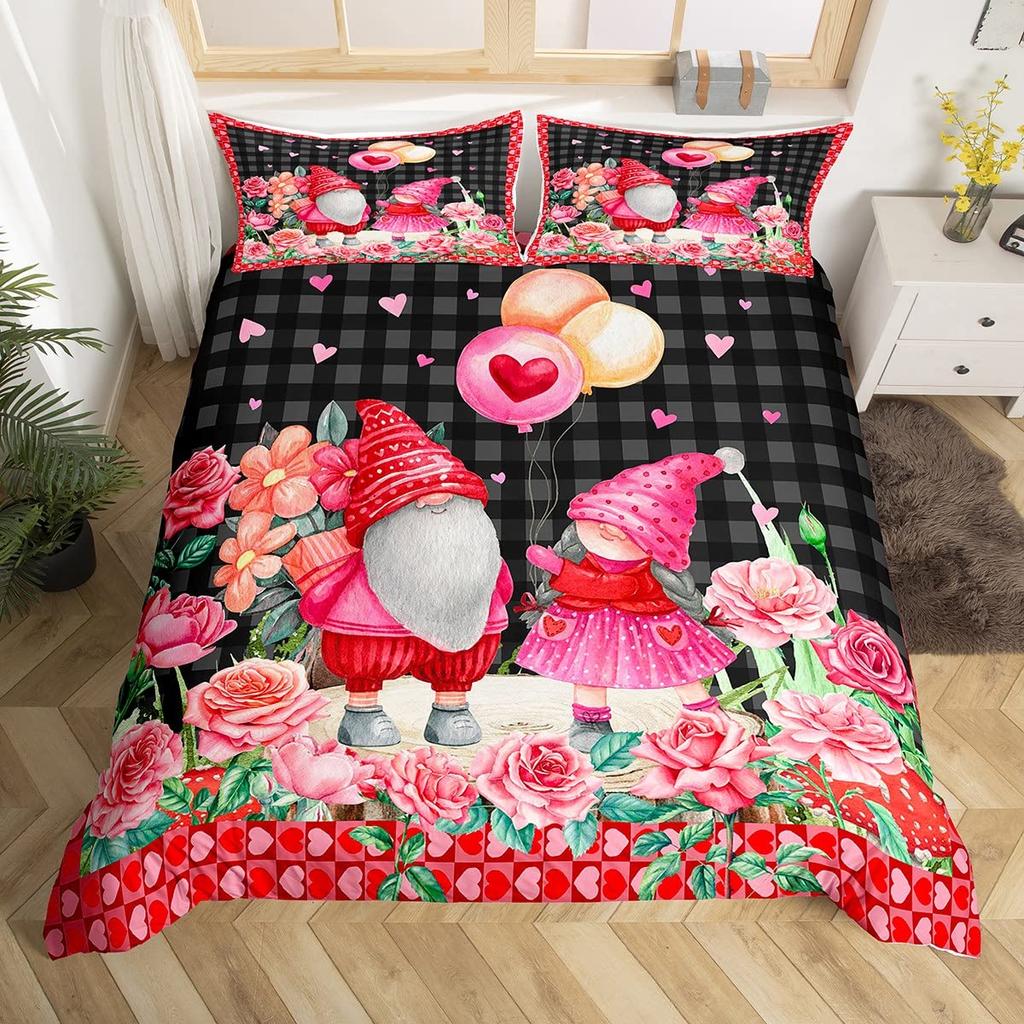 День святого Валентина King Пододеяльник Романтический комплект постельного белья Kawaii Парочка Гном Одеяло Чехол Розовые розы Сердца Полиэстер Одеяло Чехол