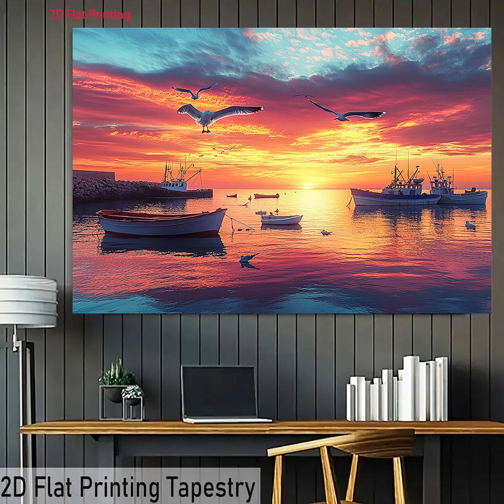 2D plane 1 large fishing port sunset with vivid coastal ships and bird patterns - suitable for living room wedding