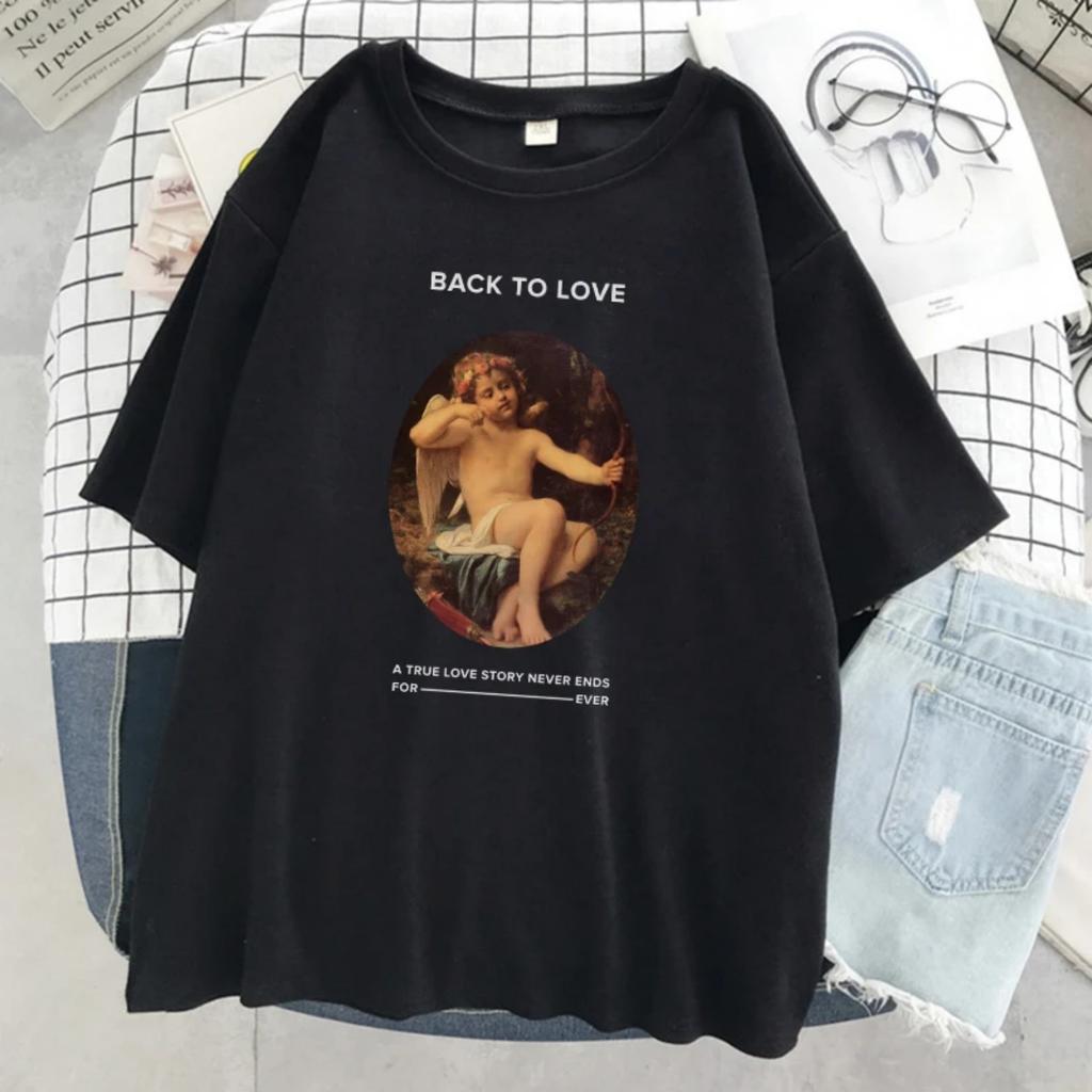 Oil Painting Angel Vintage Printed Women T Shirt Summer Soft T-Shirt Simplicity Loose Tshirt 2024 New O-Neck Women's tops Casual