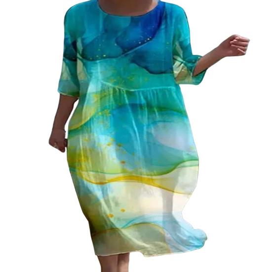 Летнее женское платье с круглым вырезом и цветочным принтом, свободное трапециевидное платье с длинными рукавами, тонкий пуловер, повседневная одежда, пляжное платье миди для отпуска