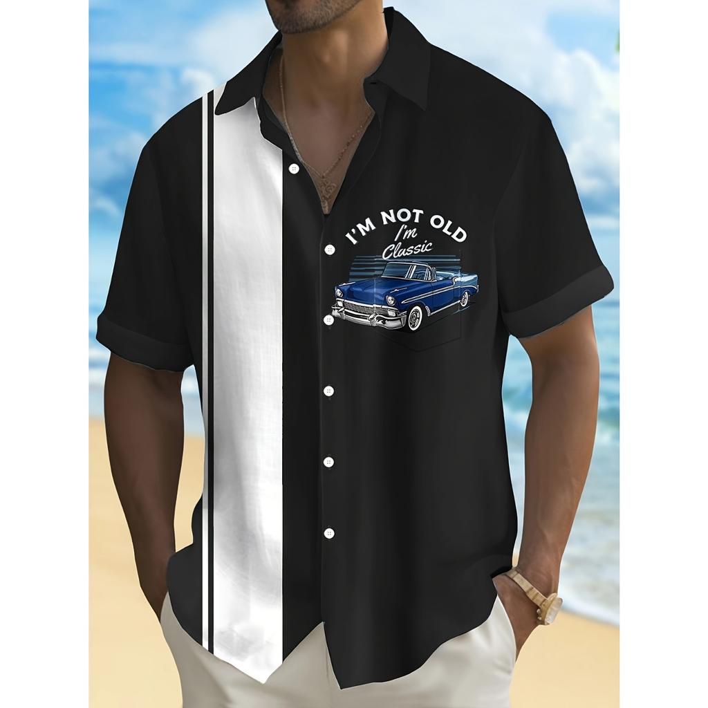 Винтажная рубашка с контрастным полосатым принтом в виде старинного автомобиля, мужская рубашка больших размеров с карманом на пуговицах
