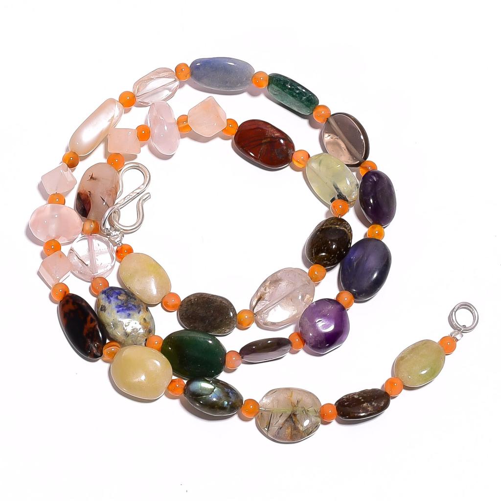 Natural Rose Quartz Amethyst Carnelian Gemstone Smooth Beads Necklace 17" UB4612 UB-4612