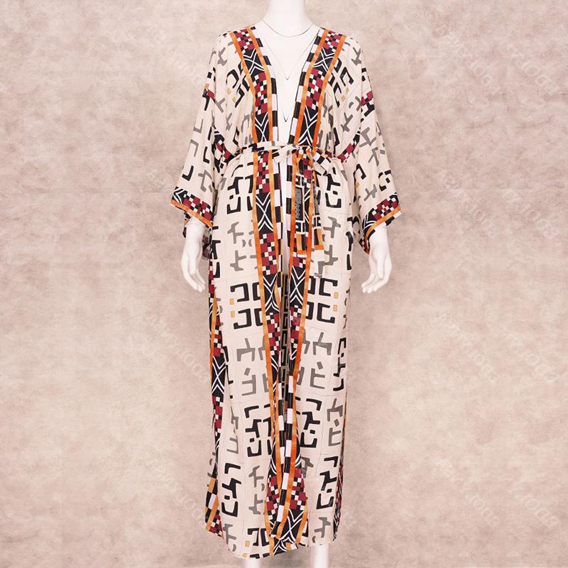 EDOLYNSA 2023 накидки на бикини в стиле бохо с принтом, элегантное кимоно с поясом, платье-туника, женская пляжная одежда больших размеров, купальный костюм, накидка Q1228