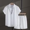 Men's Casual Waffle Shirt Two Piece Solid Short Sleeved Shirt Shorts Casual T Shirt Shorts Set