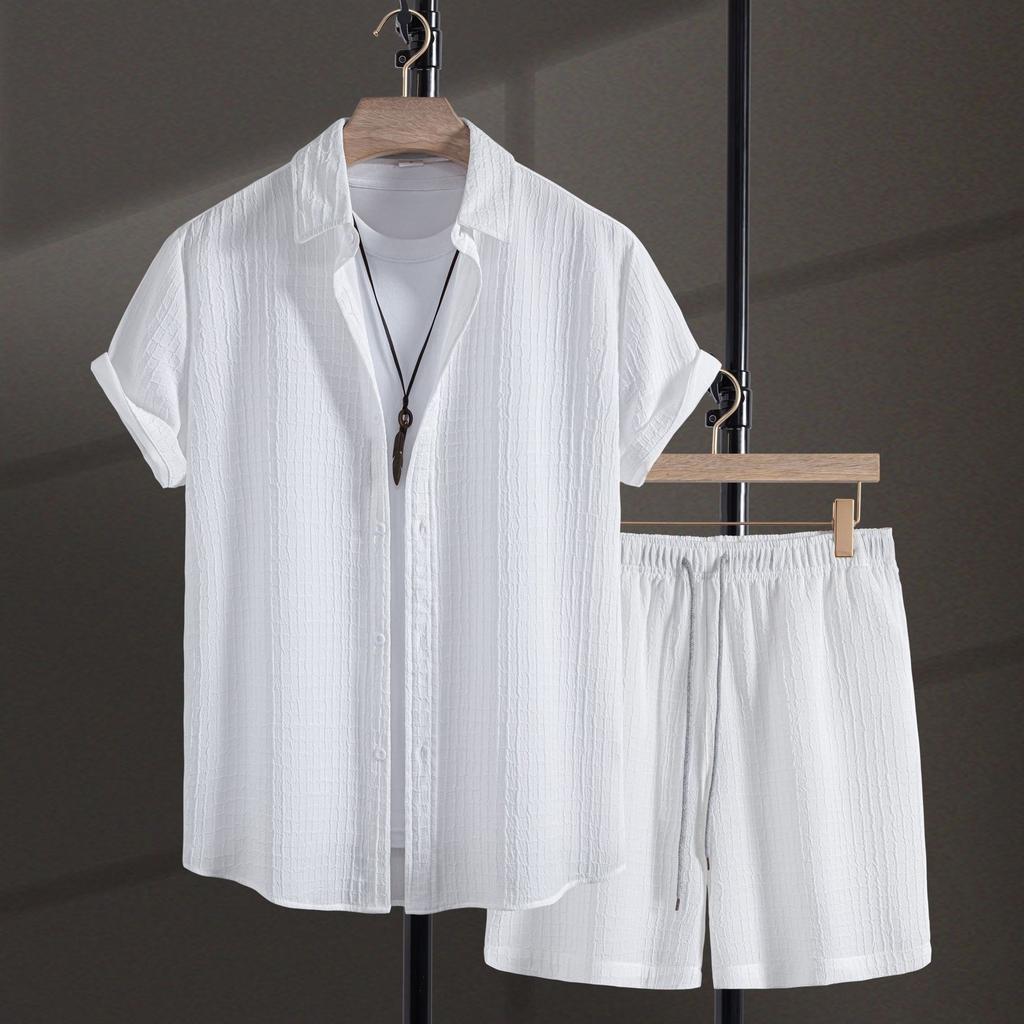 Men's Casual Waffle Shirt Two Piece Solid Short Sleeved Shirt Shorts Casual T Shirt Shorts Set