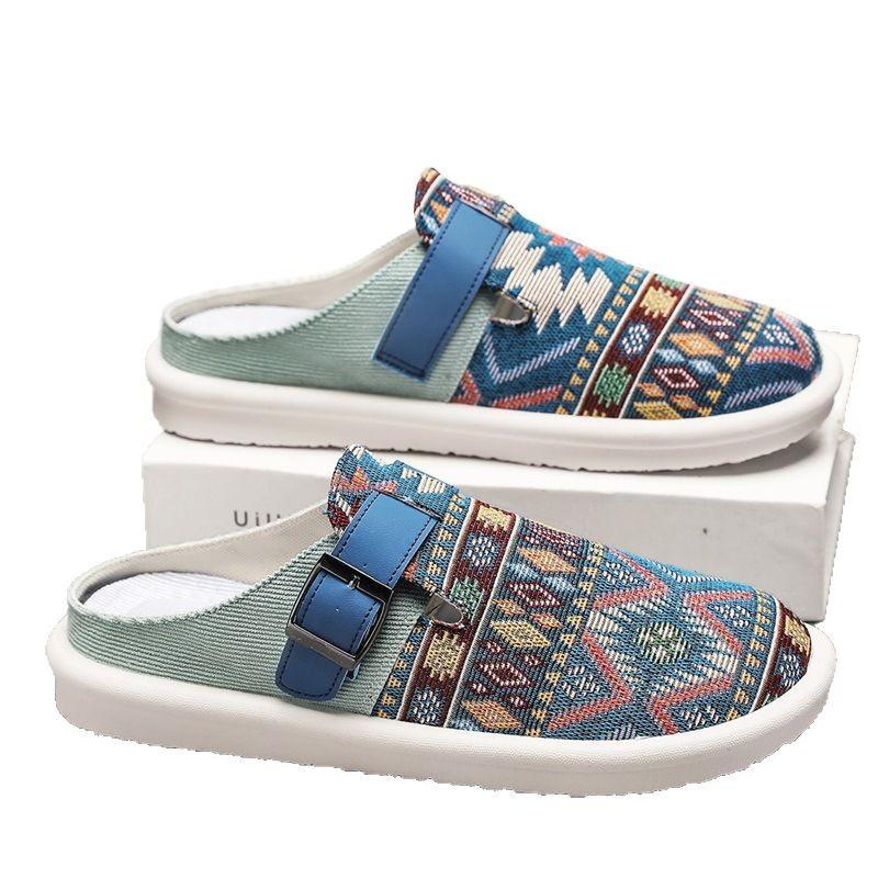 Новые четырехсезонные мужские тапочки из дышащей ткани, подходящей по цвету, на плоской подошве, повседневные, с сумкой на голову, полутапочки