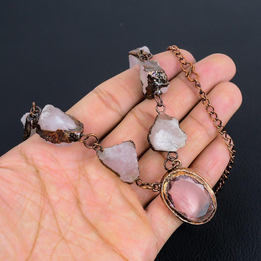 Ожерелье из розового кварца, ювелирное изделие из драгоценного камня, медное гальванопластическое ожерелье с регулируемой цепочкой, подарок для женщин, ожерелье ручной работы