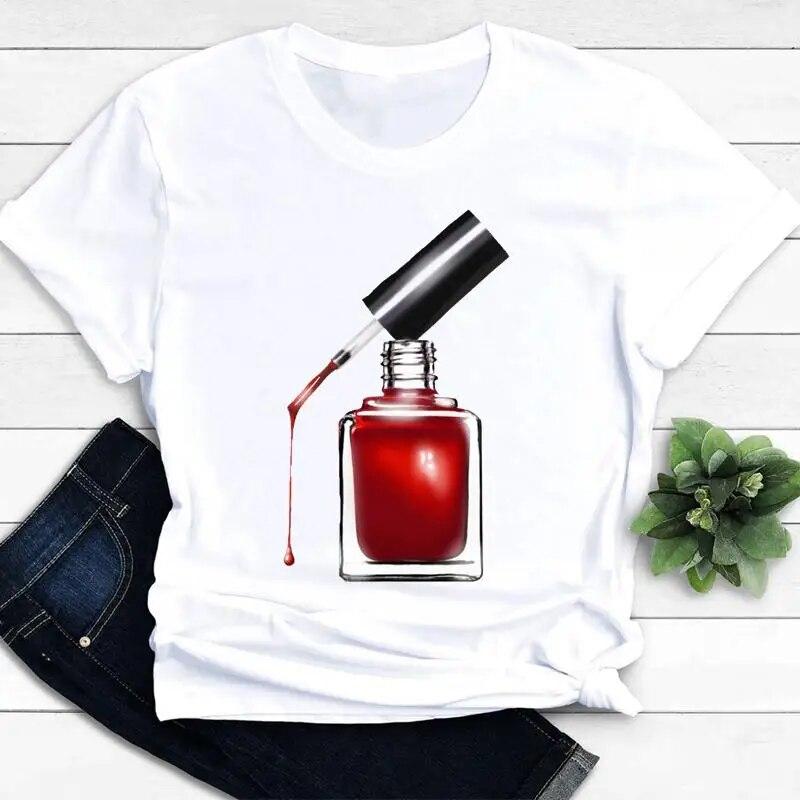 Women T-shirts Nail Art Lovely Spring Short Sleeve Ladies Fashion Casual Clothing Cartoon Clothes Female Tee Graphic Tshirt