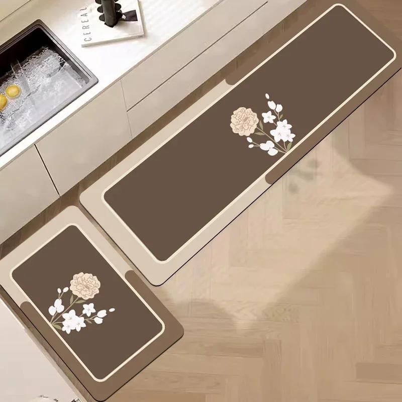 Коврик для кухни из диатомовой грязи с цветочным узором - Впитывающий воду, Быстросохнущий и Противоскользящий
