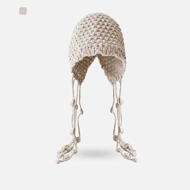 Осенне-зимняя женская шапка-бини большого размера для большого обхвата головы, визуально уменьшающая лицо, теплая шапка с утолщенной защитой ушей, вязаная шапка с бахромой ручной работы