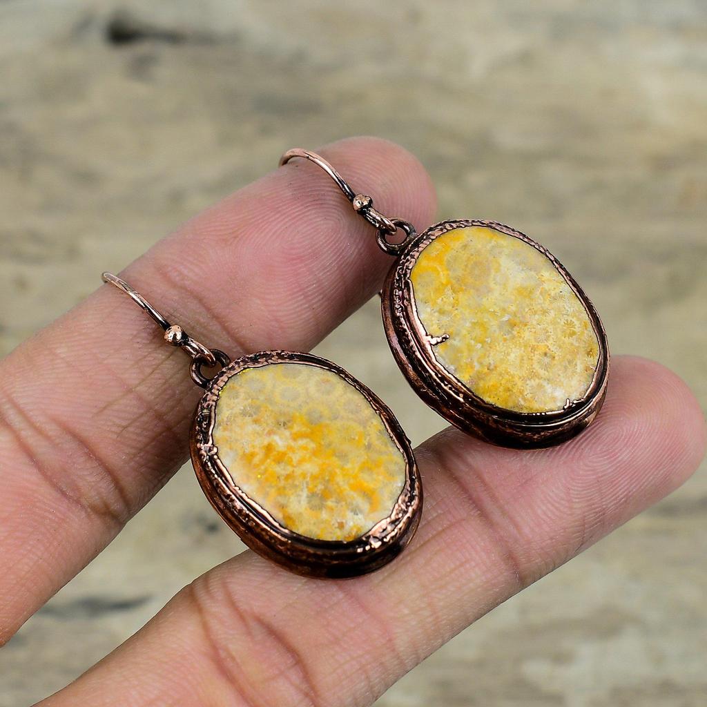 Fossil Coral Earring Electroformed Copper Earrings Gemstone Earring Fossil Coral Jewelry Dangle Earring Handmade Copper Jewelry Wedding Gift