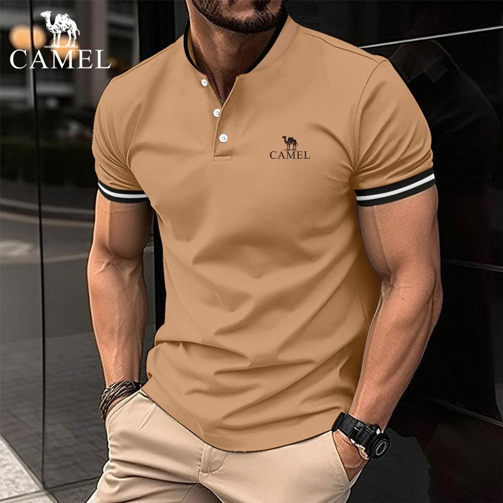 Camel 2024 Summer Polo Shirt with Embroidered Polo Collar and Button Pockets for Men's Sports Polo Shirt
