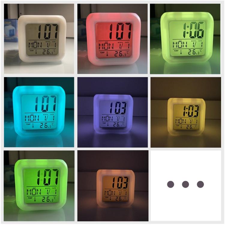 LED 7 Colors Mini Clock Smart Digital Alarm Table Clock with Thermometer Calendar Week Month Display
