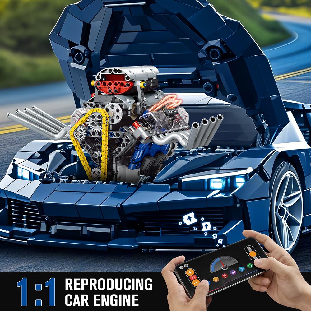 1:1 Supercar V8 Engine Building Blocks Set MOC Bricks Technical Model Assembly Toys LED APP RC Car Accessories
