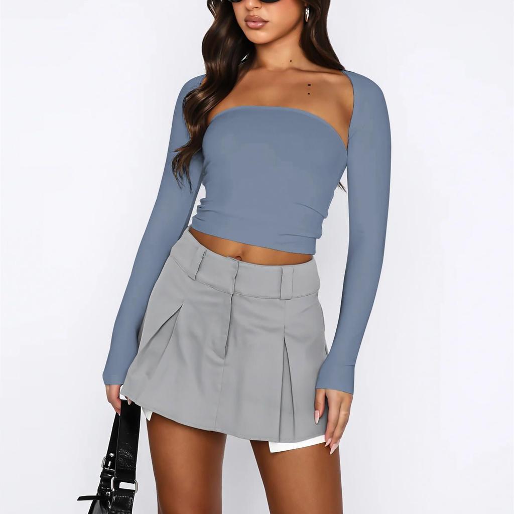 Женские летние топы без рукавов, уличная одежда, тонкие облегающие футболки с длинными рукавами из двух предметов, укороченные топы, однотонные