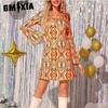 GMXIA Женская мода лето весна хиппи принт длинный рукав О-образный вырез высокая талия повседневные платья
