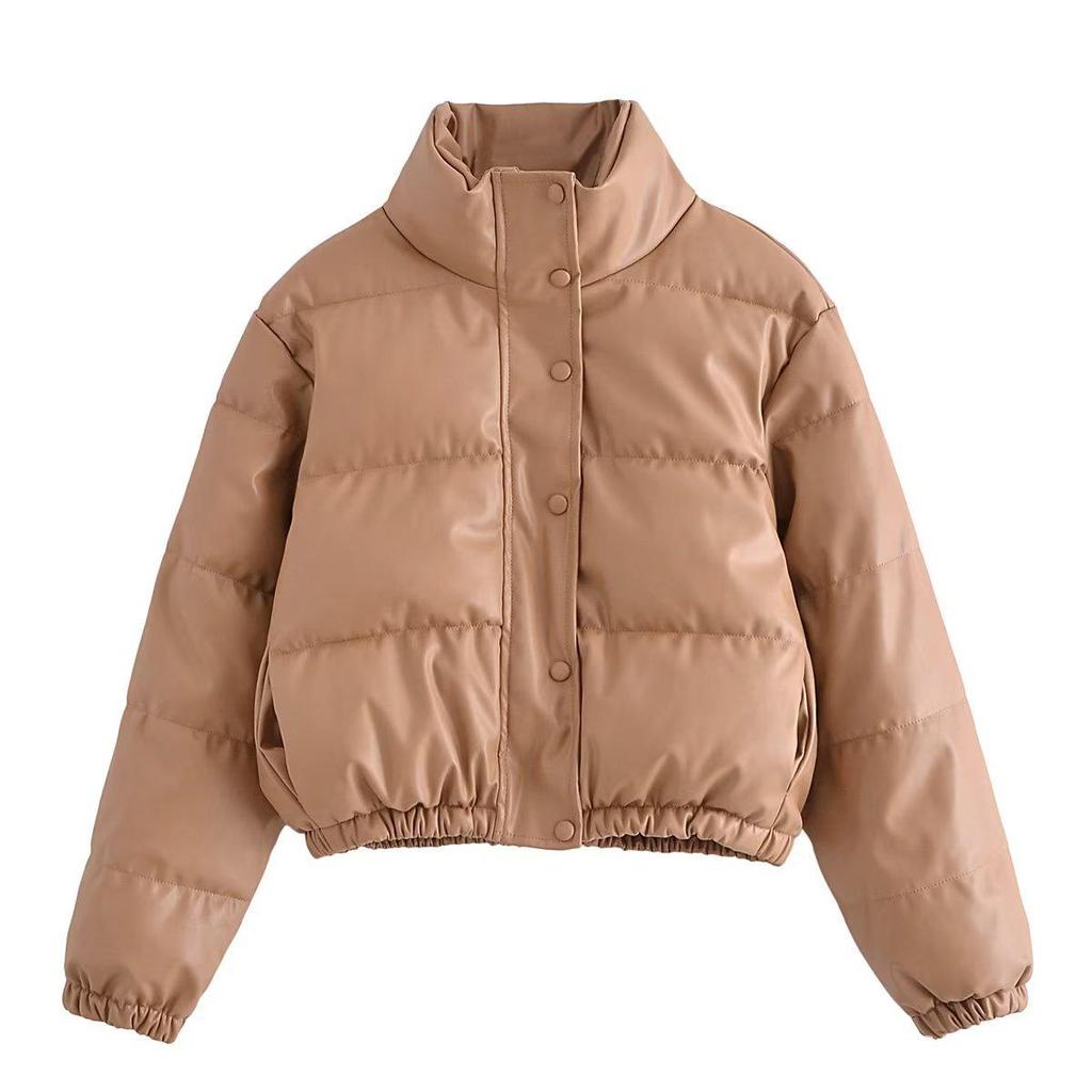 Зимняя женская блестящая короткая куртка из искусственной кожи и хлопка 2023 года