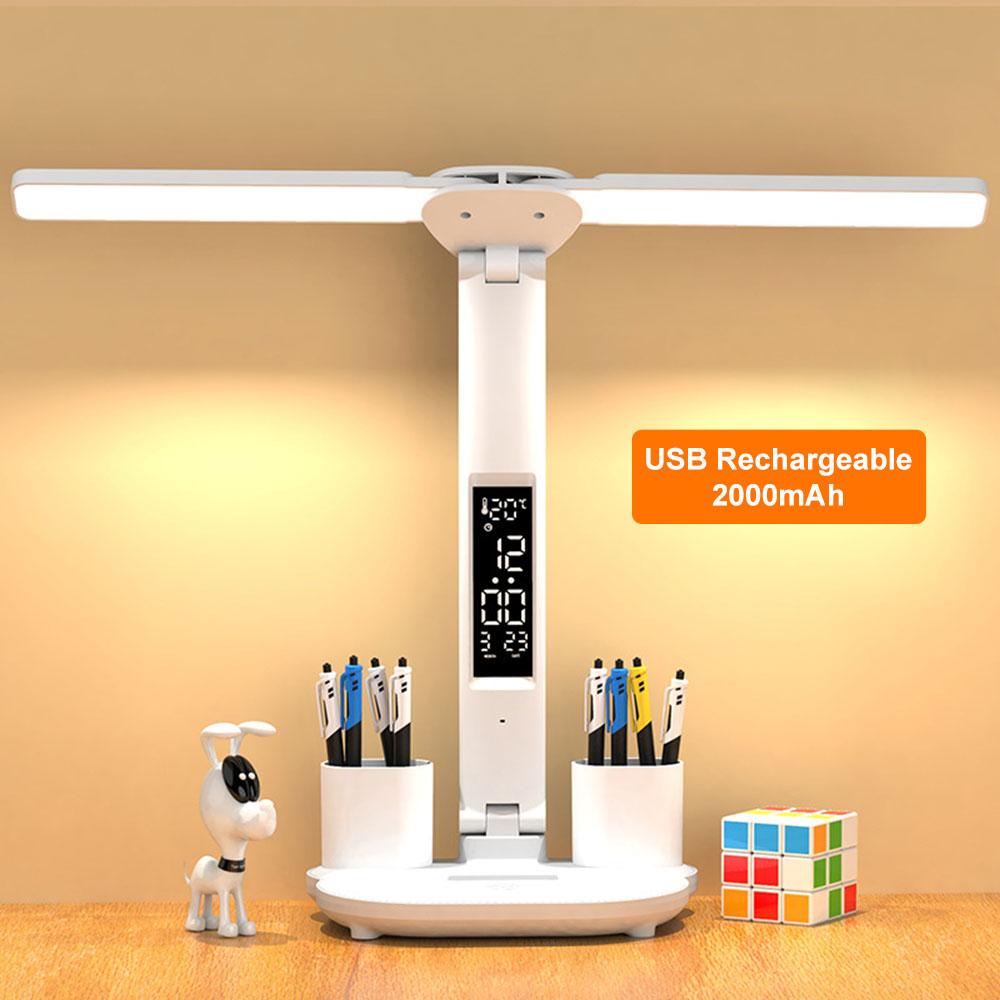 LED Double Head Desk Lamp USB Touch Night Light 3 Dimming Eye Protection Table Lamp Display Temperature Time with Pen Holder