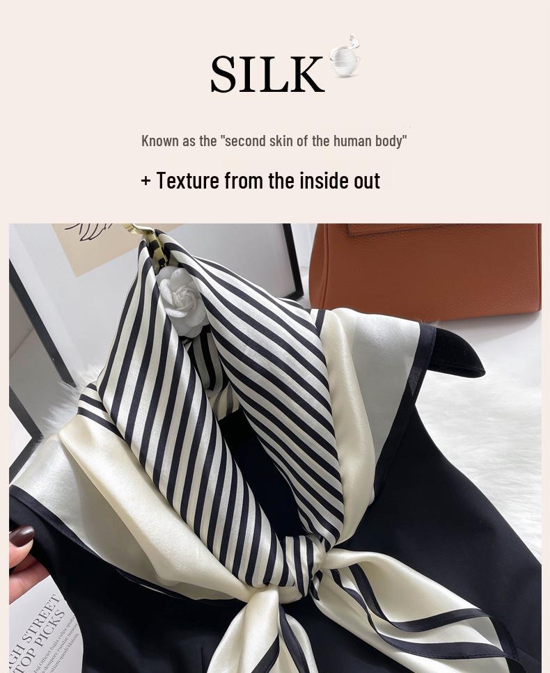Elegant Striped Silk Scarf: Large Square for Women’s Spring & Autumn, Versatile Sunscreen, Mulberry Silk 90 Shawl