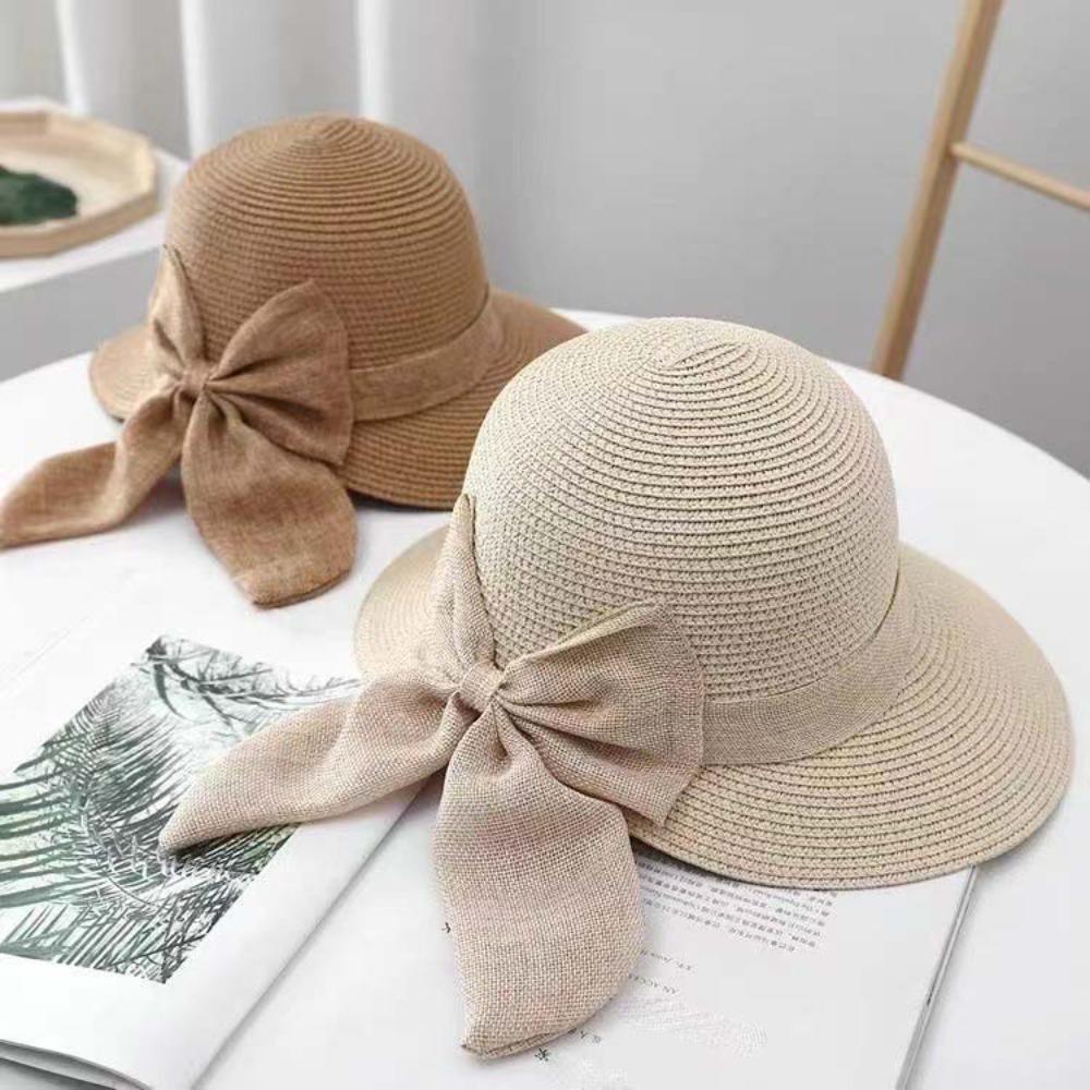 Portable Big Brimmed Woven Cap Breathable Bow Fisherman Cap Straw Weaving Beach Hat  Seaside