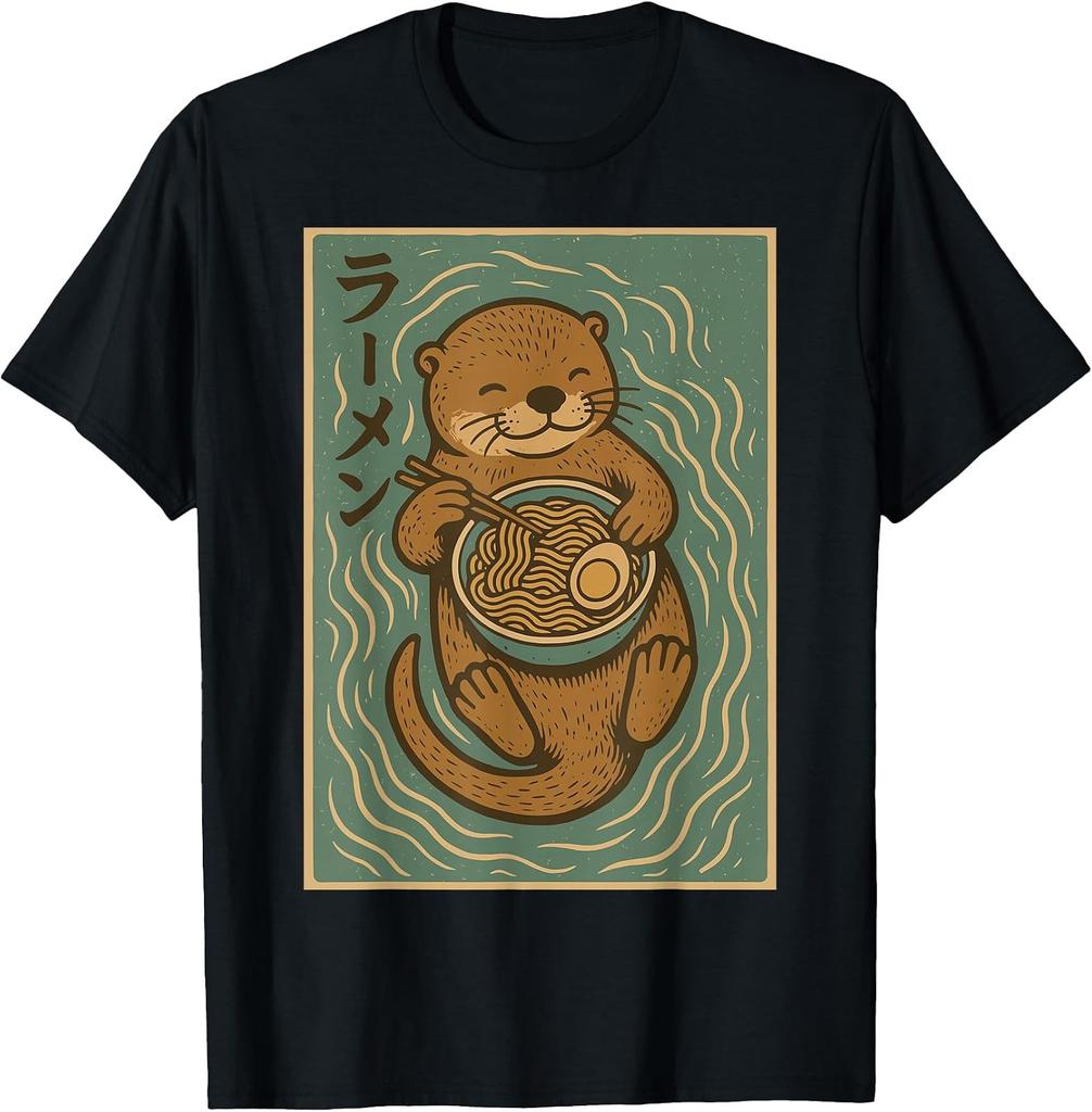 Cute Sea Otter Enjoying Ramen Noodles Vintage Japanese T-Shirt