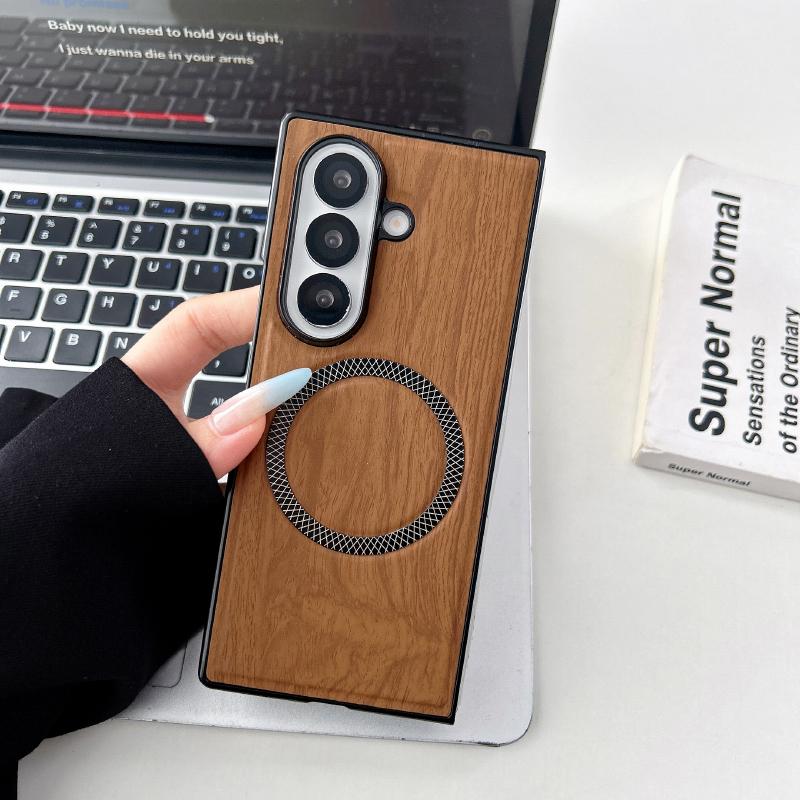 Магнитный беспроводной чехол для зарядки MagSafe из ПК + искусственной кожи под дерево для Samsung Z Fold 7 6 5 4 3, складная задняя крышка