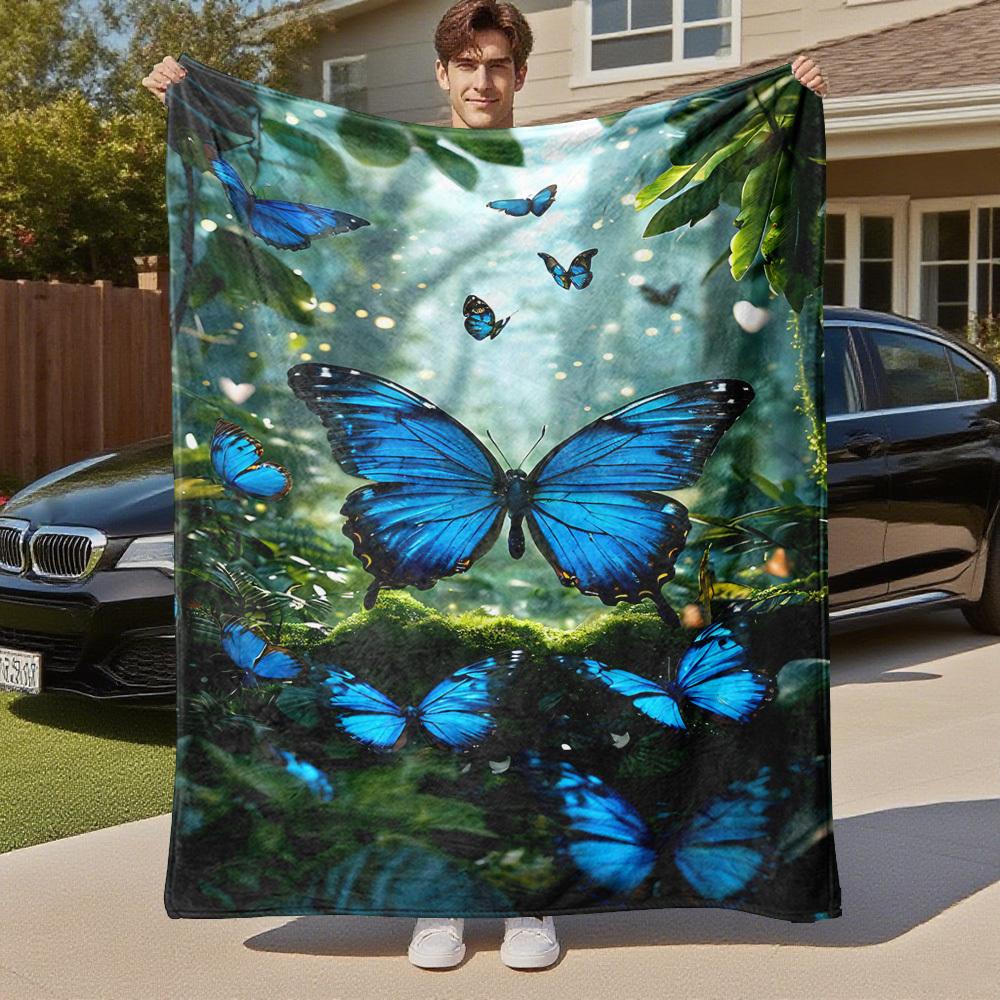 1PC blue butterflies forestOutdoor Flannel Blanket - Soft Plush Decor for Picnics, camping, Bedroom, Playroom, Office, or Lunch Break 1370A
