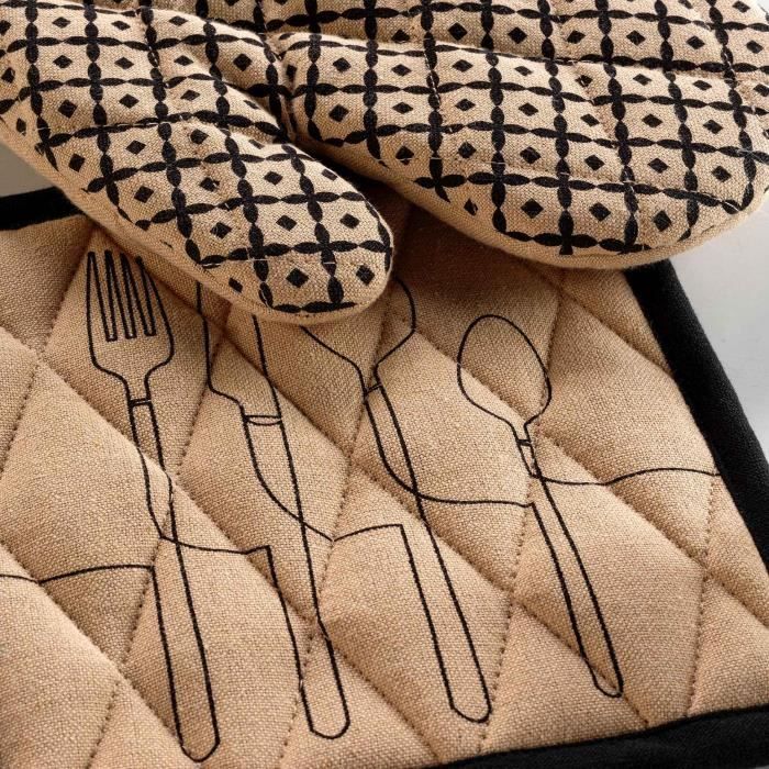 Gant et manique de cuisine - Cuisiline - Beige - 18x28 cm - 100% coton - Lavable en machine