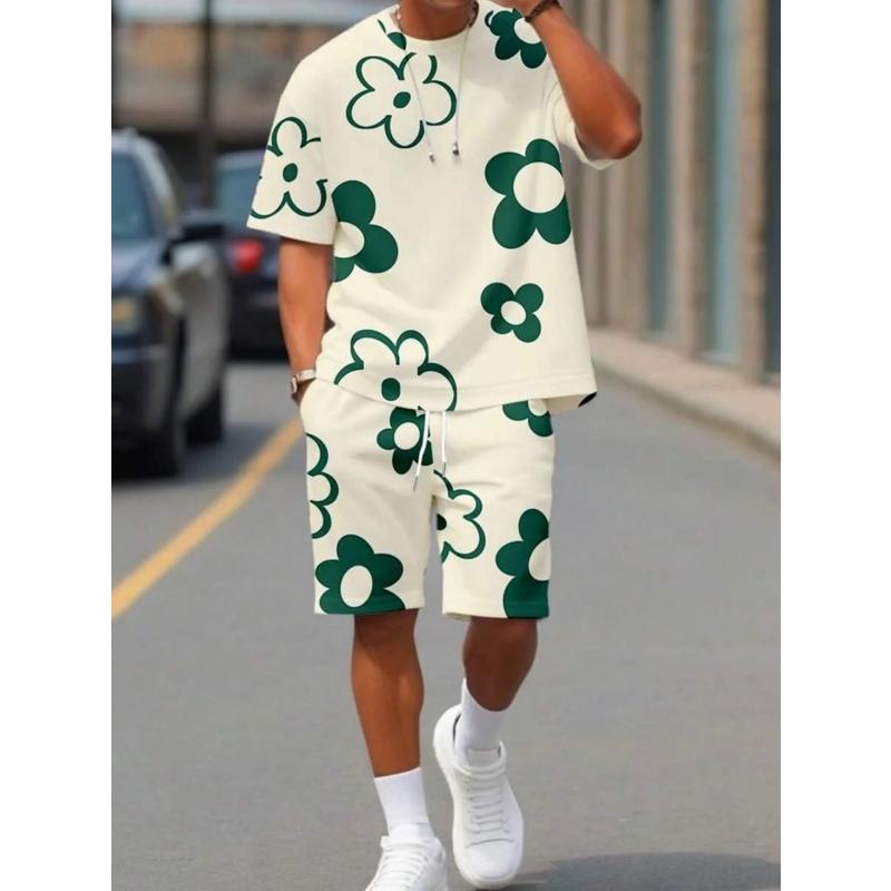 Летний мужской дышащий и удобный комплект из футболки с круглым вырезом и шорт с принтом, для активного отдыха