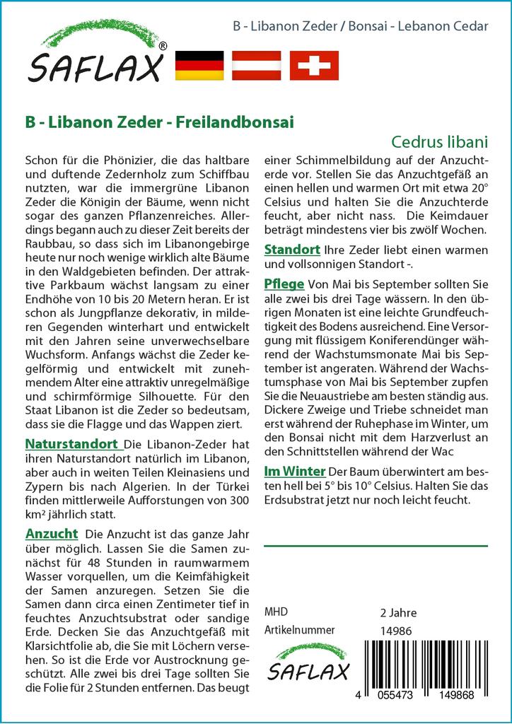 SAFLAX Garden in the Bag - Бонсай - Ливанский кедр - 20 семян - С субстратом в подходящем пакете - Cedrus libani