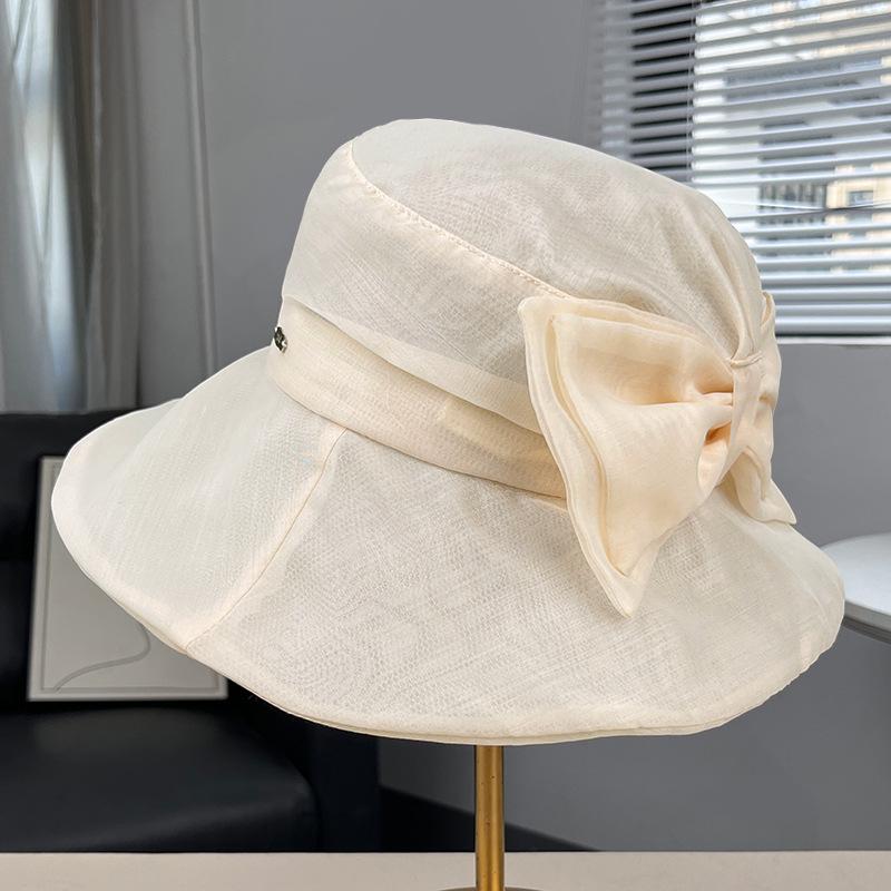 New mesh bow big eaves bucket hat women's spring and summer breathable sunscreen face small sun hat versatile sun hat