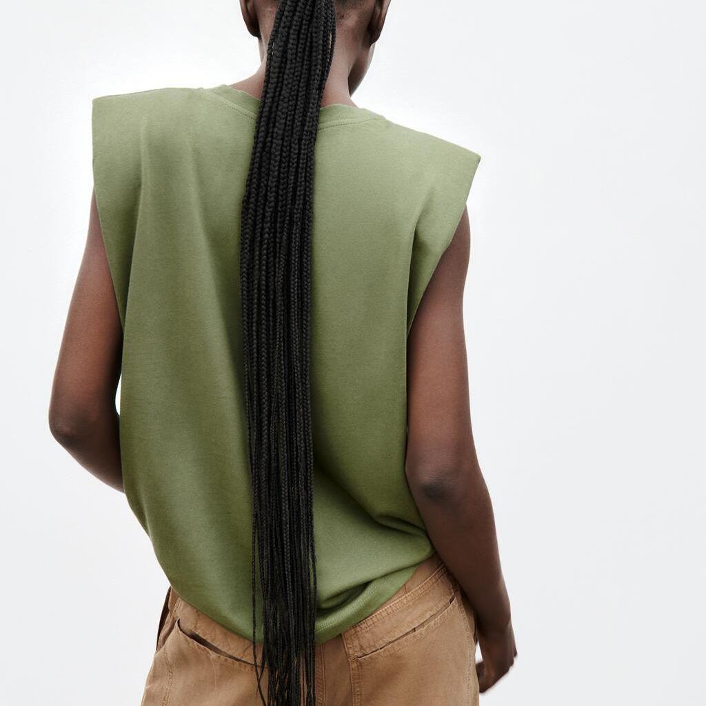 Zara Однотонная простая футболка без рукавов с круглым вырезом и подплечниками, женские топы цвета хаки 00858034505-34