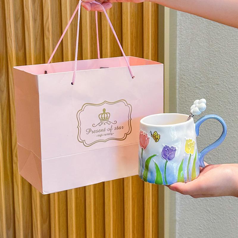 Девочки сердце инс ветер ручная роспись тюльпан керамическая чашка девочки старший смысл сувенир пара цветок кружка