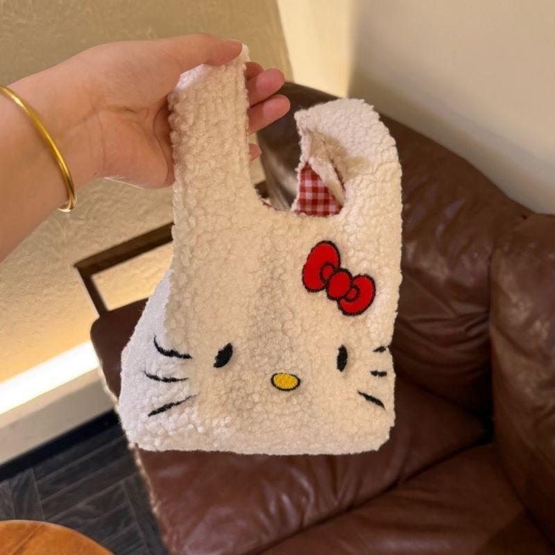 New Hello Kitty Women's Shoulder handbag Cute Cat handbag lamb plaid pattern Women's shoulder handbag Mini Kawaii Shoulder Bag