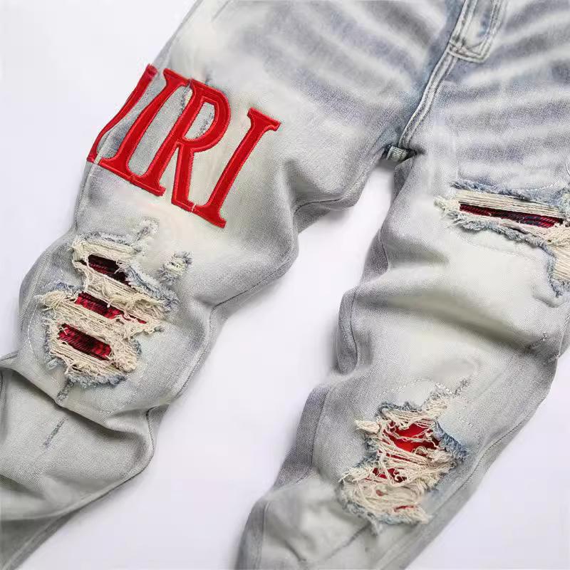 AM Мужские европейские ретро светлые рваные джинсы скинни стрейч 3835